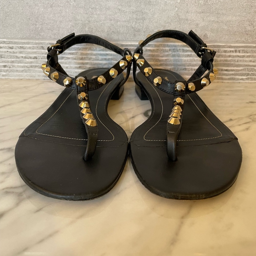 BALENCIAGA
Leather Studded Accents T-Strap Sandals